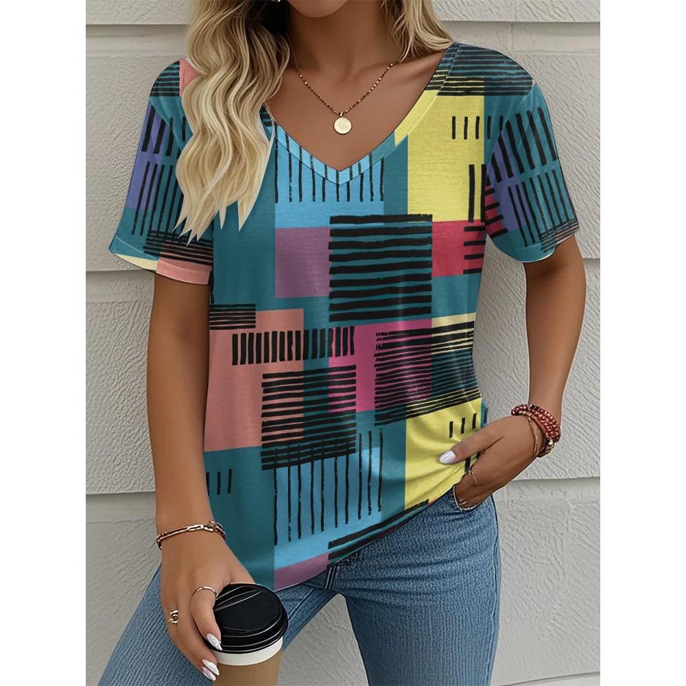 Summer plaid women's V-neck T-shirt outdoor casual short-sleeved top