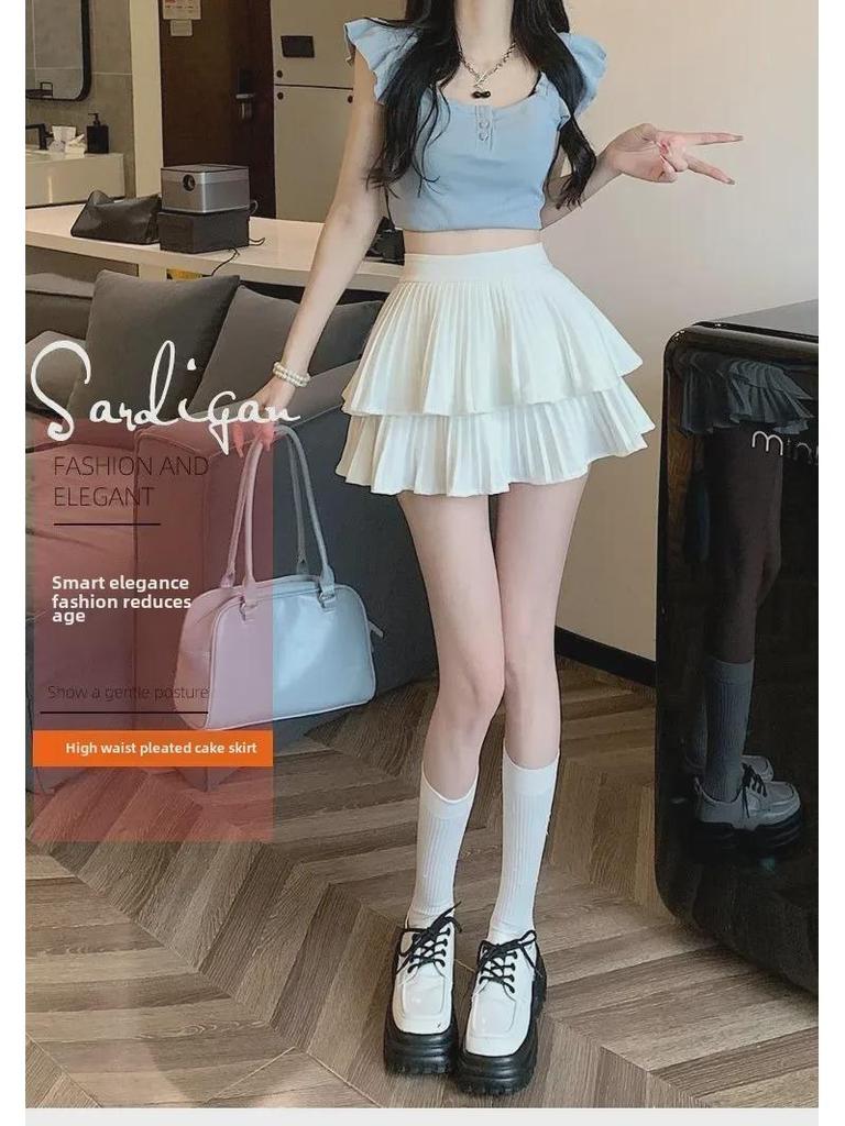 Fustă plisată cu strat dublu, cu talie înaltă, inspirată de balet - Dulce și drăguță, Slim, Anti-expunere, Stil de vară