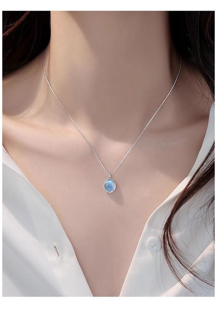 High-End S925 Sterling Silver Natural Aquamarine Oval Pendant Necklace for Women