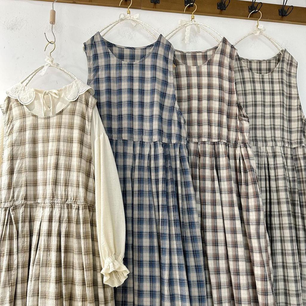 Wei Qi Spring/Summer Mori Style Cotton Linen Plaid Drawstring Vest Dress - Women's Loose Layered Long Dress