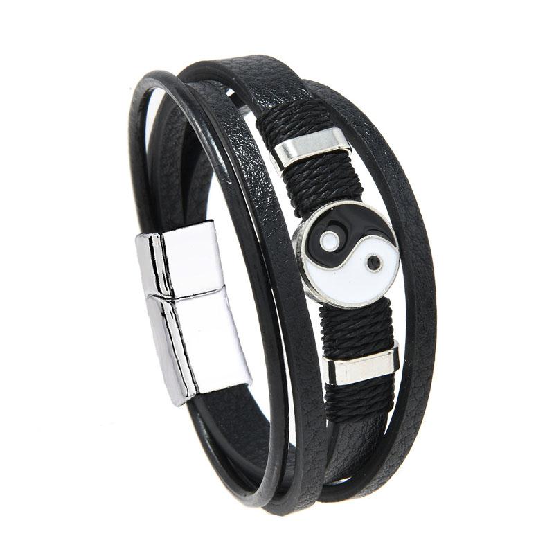 Yin Yang Bracelet Double-Layer Leather & Rope Wristband Clasp Black/White Zen Balance for Men Women Daily Gift Accessory