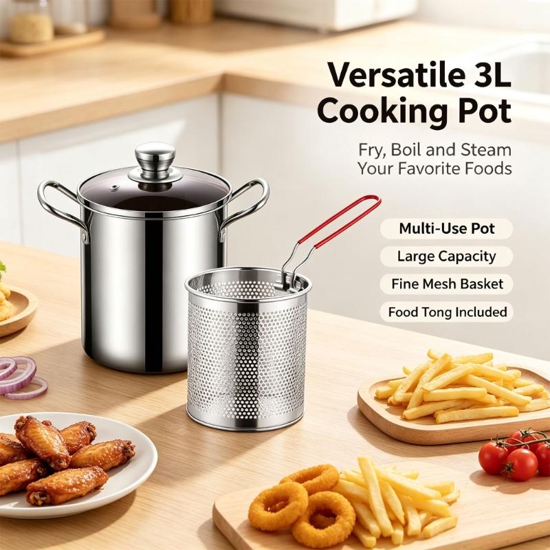 Steel Frying Pot with Two Handholds, 3 L Capacity, and a Formed Body for Cooking Tempura, French Fries, Shrimp, and Meatballs during Household Cooking