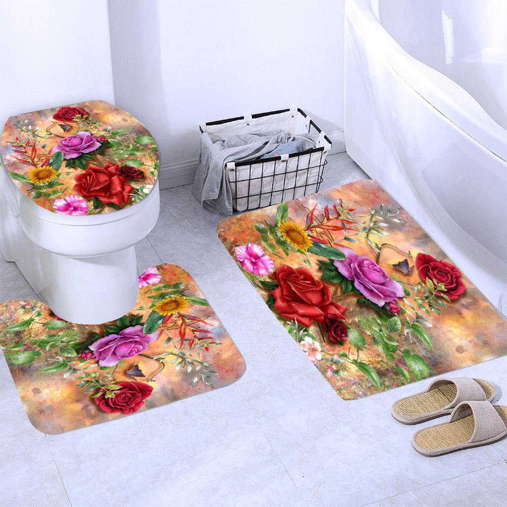 Butterfly Red Roses And Flowers Print Shower Curtain Set Anti-Slip Rugs Toilet Lid Cover Bath Mat  Bathroom Curtains Decoration