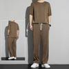 2Pcs/Kit Men Summer Leisure Outfit O-neck Short Sleeve T-shirt Elastic Drawstring Waist Wide Leg Long Pants Kit One Tone Casua