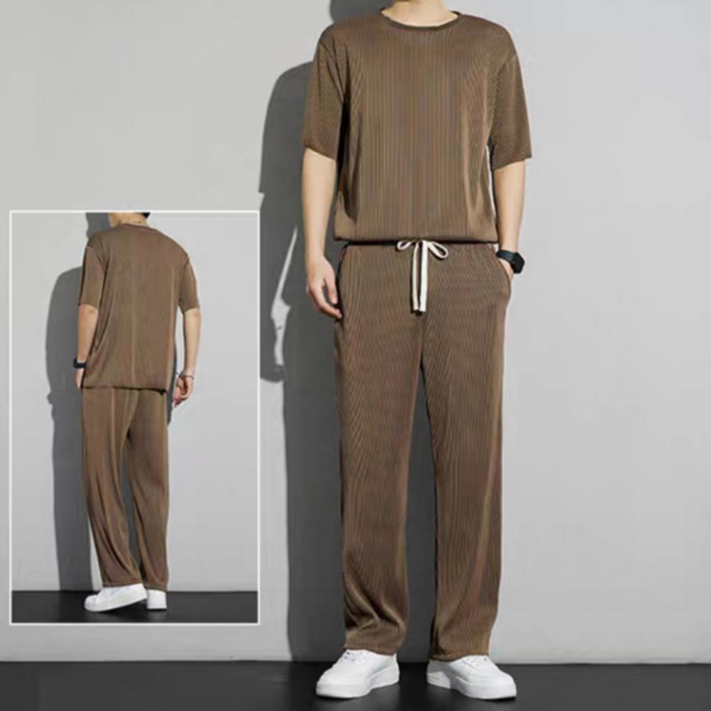 2Pcs/Kit Men Summer Leisure Outfit O-neck Short Sleeve T-shirt Elastic Drawstring Waist Wide Leg Long Pants Kit One Tone Casua