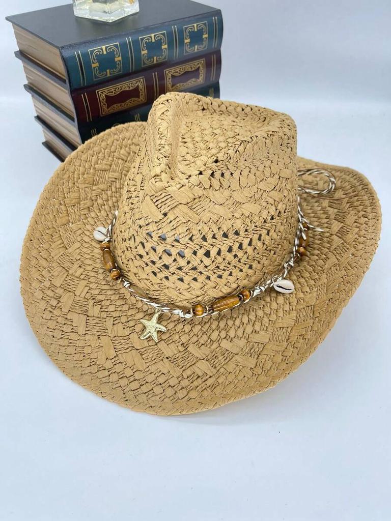 Bohemian Straw Hat With Beaded Chain Decor, Casual Sun Protection Hat For Women