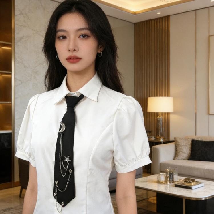 Student Pre Tied Neck Ties Preepy Look Rhinestones Star Metal Chain Dark Tie Cravat Neck Wear Accessories