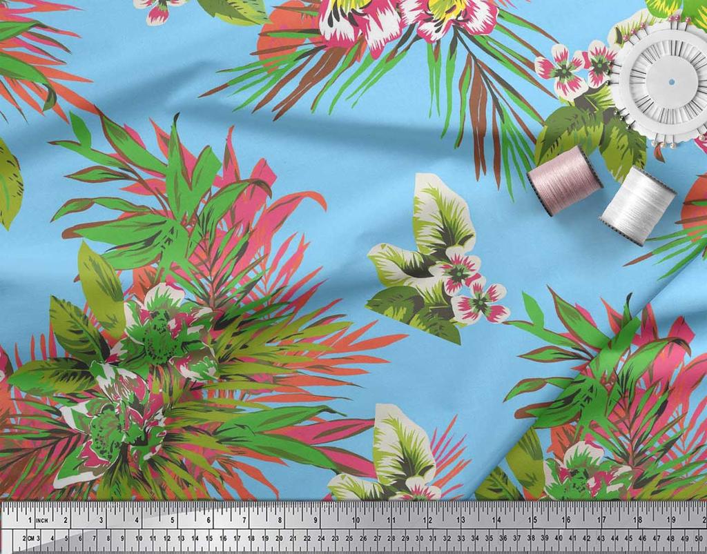 Soimoi Cotton Cambric Fabric Leaves & Lily Flower Print Sewing Fabric Metre 42 Inch