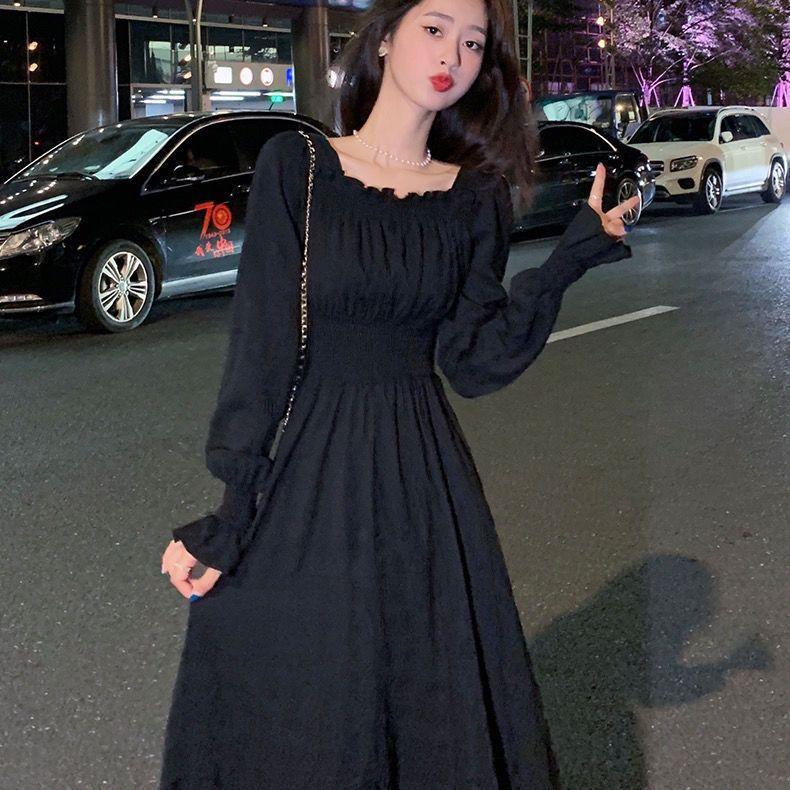 Square Neck White Long Dress Flare Sleeve Waist Wrapped Black Slim A Line Women Versatile Gentle Style Dresses