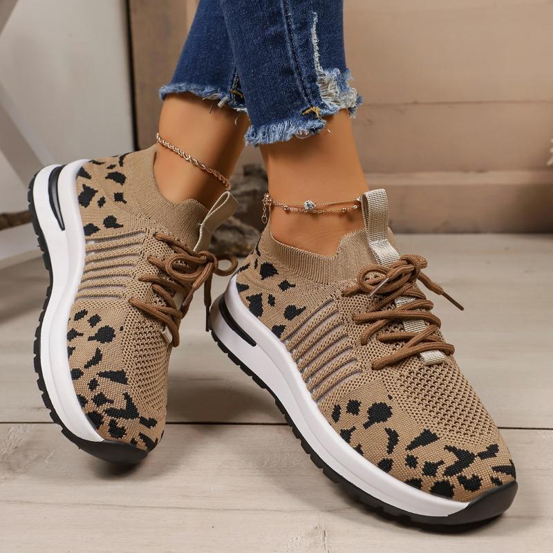 Fashion 2025 New Women Casual Shoes New Leopard Lace-up Sneakers Lightweight Mesh Breathable Casual Sports Shoes Women Running Shoes