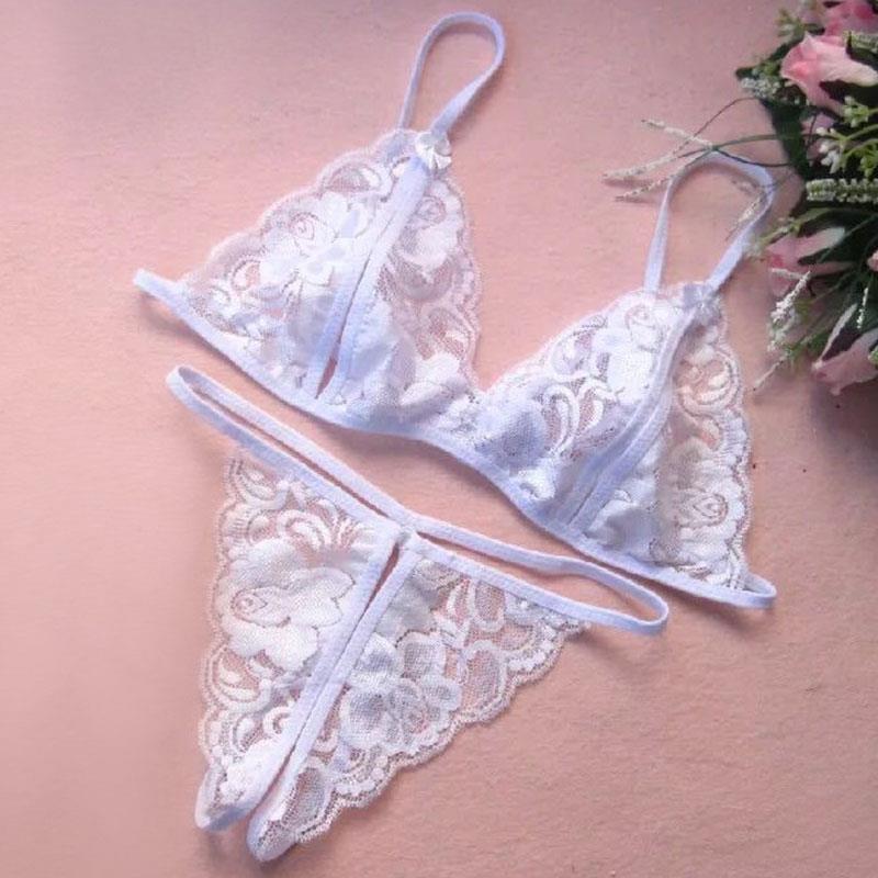 Crotchless Lace Bikini Three Point Female Lingerie Babydoll See Through Glamour Bra+Underwear Sexy Glamour Underwear Set