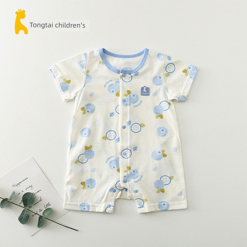 Tongtai Summer Baby Short-Sleeve Closed-Crotch Romper for Boys and Girls, 3-18 Months, Front-Opening Jumpsuit