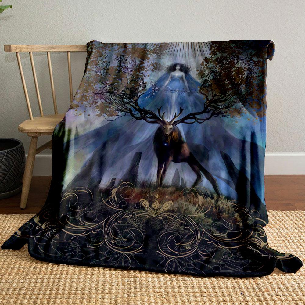 A Mystical Stag with Branching Antlers Beneath a Glowing Figure In Light. for All Seasons Blanket Lunch Break Throw Gift