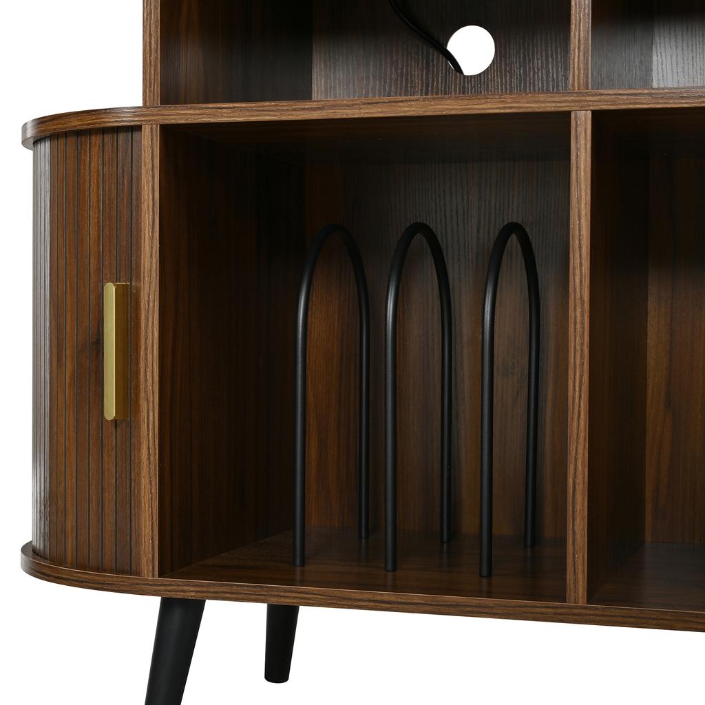 Record Cabinet HiFi Cabinet Sideboard MDF Oval Iron Feet Aluminum Handle Charging Station Cable Passage Sliding Door
