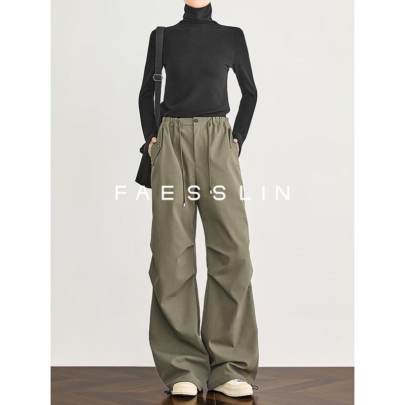 

FAESSLIN Women s Ash Green High-Waist Drawstring Cargo Pants L
