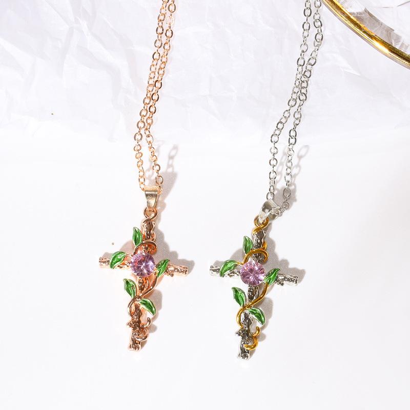 New Necklace Creative Leaf Wrapped Cross Pendant Charm Women's Diamond Clavicle Chain