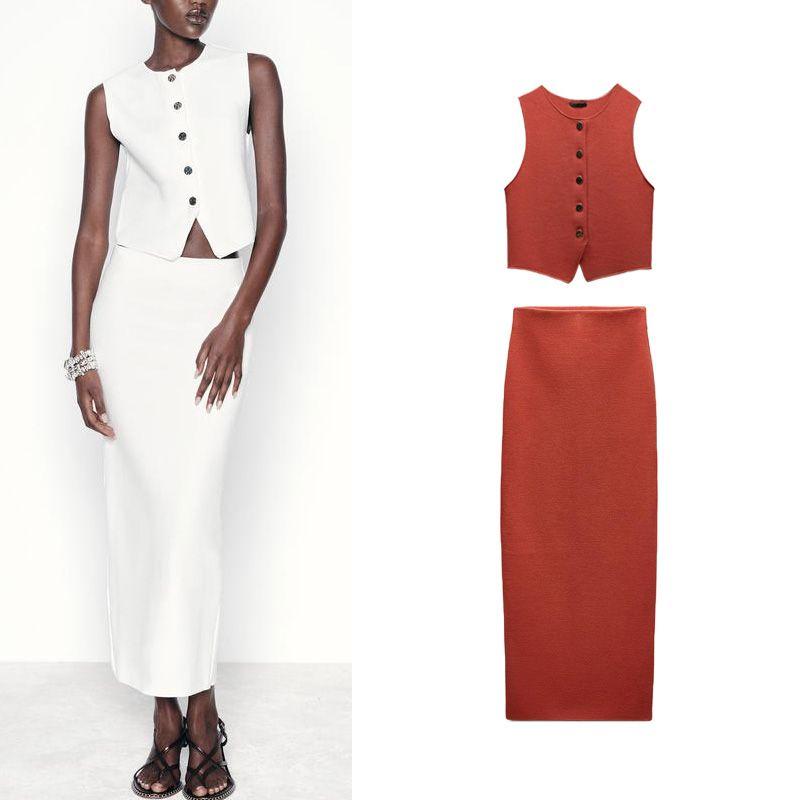 Spring Decorated Row Button Stretch Knitting Vest 5584664 Slit Design Knitting Midi Dress for Women 5584665