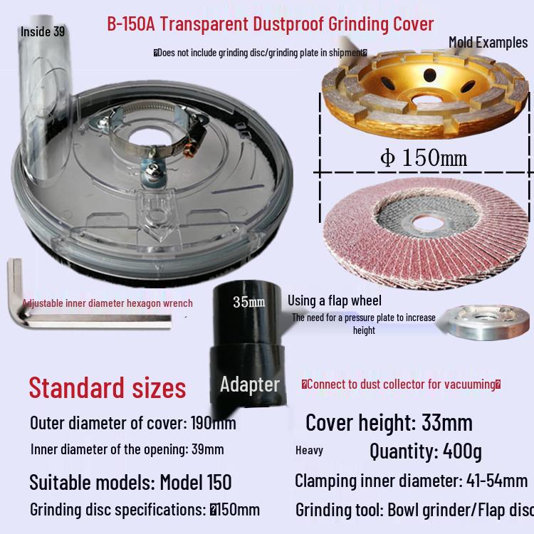 6" Dustproof Vacuum Grinding Cover for Concrete and Stone with Diamond Wheel Dust Collection