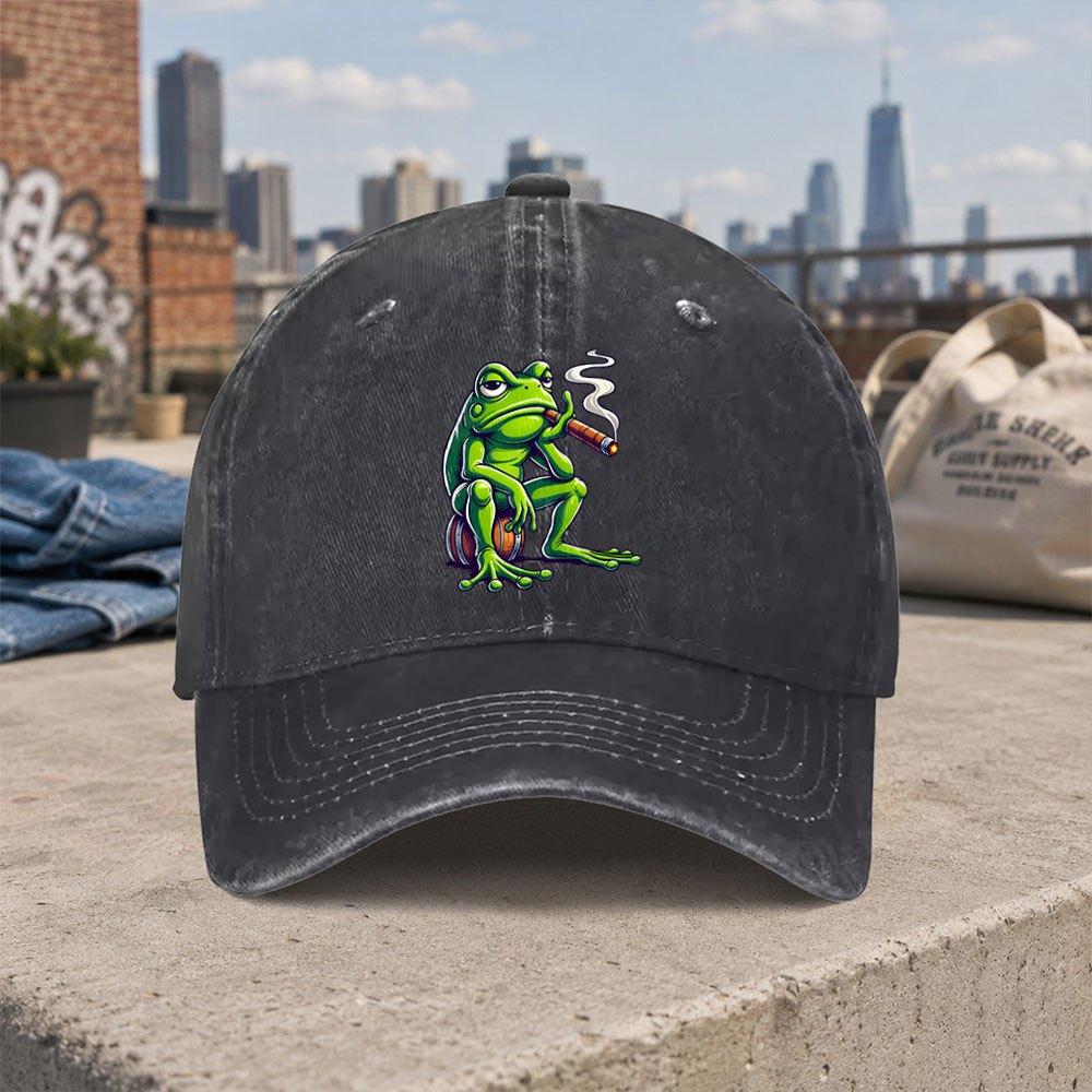 Smoking Frog Cap Vintage Washed Duckbill Baseball Hat Hook  Loop Closure Unisex FrogThemed Casual Graduation Gift