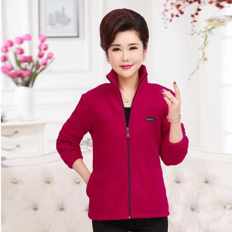 WTEMPO Spring Autumn Polar Fleece Tops Loose Mom's Clothing Fleece Sports Coat Middle Aged and Elderly Women's Clothing