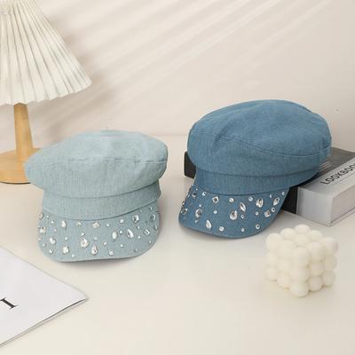 Hat Women Fashion Personality All-in-one Cowboy Beret Water Drop Hot Drill Wide Shade Shade Face Small Newspaper Boy Hat