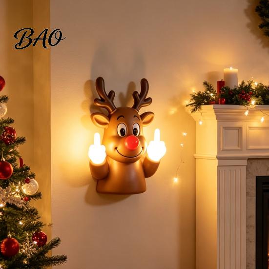 Humorous Christmas Party Decor Middle Finger Light, Naughty Santa Claus Reindeer Giving Lamp with LED Novelty Holiday Home Decorations Warm Glow, Wall