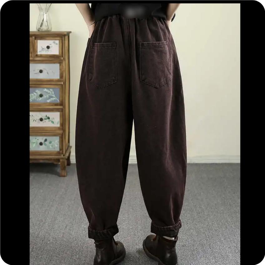 Qianqiu Feiyan Retro Fried Color Patch Plus Velvet Jeans Women's Winter Solid Color Elastic Waist Lace-up Harem Pants