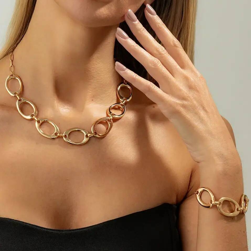 Salircon Punk Geometry Round Metal Short Clavicle Necklace Bracelet Set Women New Simple Hollow Necklaces Banquet Jewelry Gifts