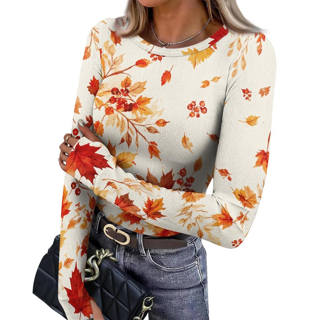 Women's Slim Fit Long Sleeve Neck T-Shirt with Leaf Print and Thumb Holes for Casual Everyday Wear