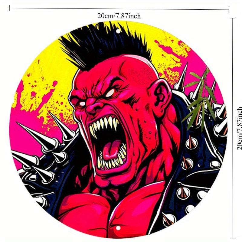 

2d Flat 20*20cm Circular Wooden Sign in Red and Yellow Comic Style A Spiky Monster, Rustic Wooden Mural, Bohemian Modern, for Home, Garage, Restaurant 20*20cm