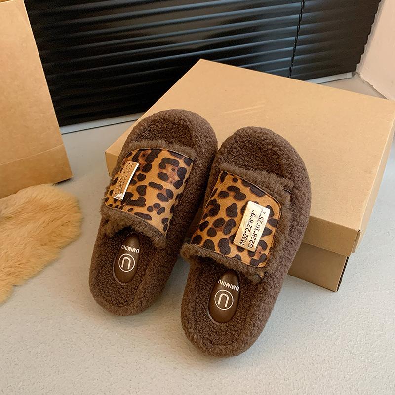 

Пушистые тапочки с леопардовым принтом, женская осенне-зимняя бархатная верхняя одежда, женская обувь на платформе, новинка 2025 года, плюш из овечьей шерсти и хлопка 40