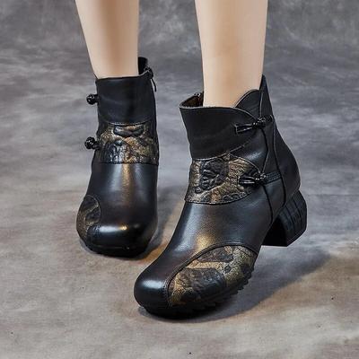 Dámske krátke čižmy v etnickom štýle s potlačou z retro pravej kože Všestranné pohodlné topánky na hrubom podpätku