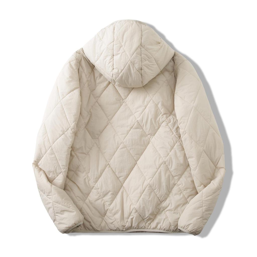 Men's Hooded Cotton Jacket with Mulberry Silk, Diamond Pattern, Winter Casual Outerwear.