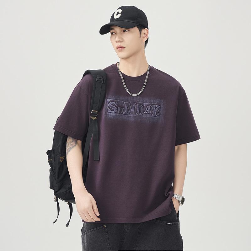 Textured Short-sleeved T-shirt Men's Loose Steel-printed Pure Cotton Casual Versatile Half-sleeved Top