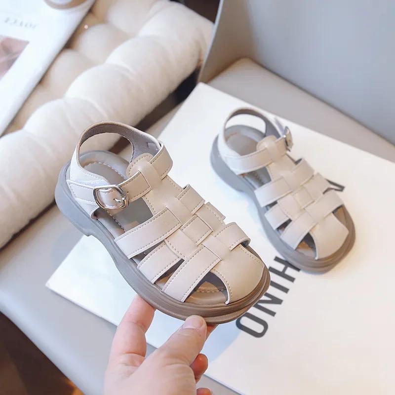 

Kids Soft Fashion Beach Shoes 2024 Summer Kids Headed Hollow Sandals Solid Color Baby Girls Retro Princess Shoes for Vacation 26 бежевый