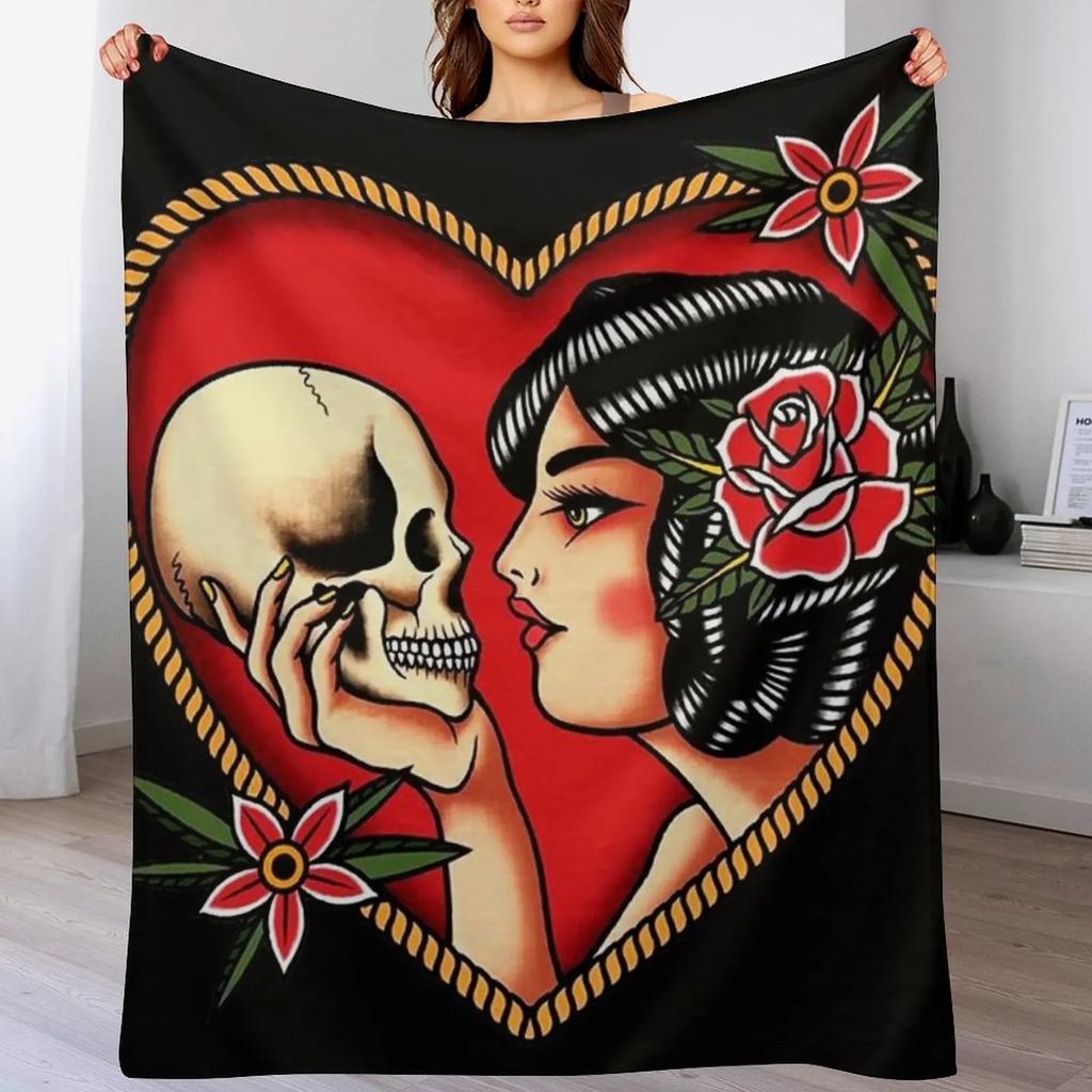 Traditional Beautiful Flapper in Heart Holding Skull Tattoo Throw Blanket Anti Shedding Soft Fuzzy Blanket for Home