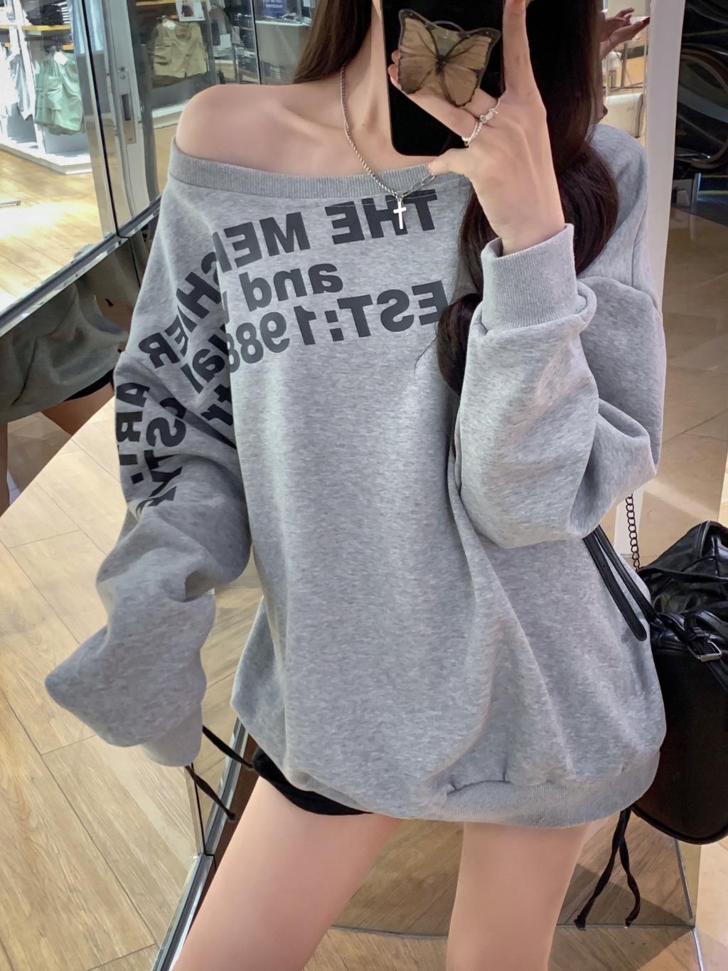 

Женская толстовка с длинными рукавами и косым плечом в американском стиле, осень 2024 г., корейский облегающий крой L серый