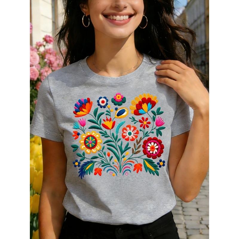 Mexican Colorful Floral Festival Letter Printed T-shirt, Women's Casual Short Sleeved Round Neck Top