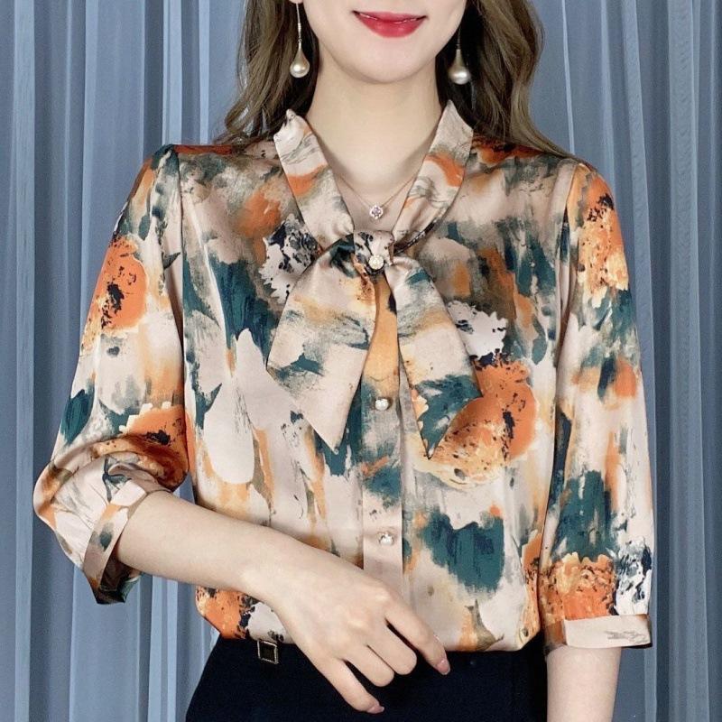 

Шифоновая рубашка женская осенняя рубашка модный темперамент свободный топ с рукавами семь четвертей XXL