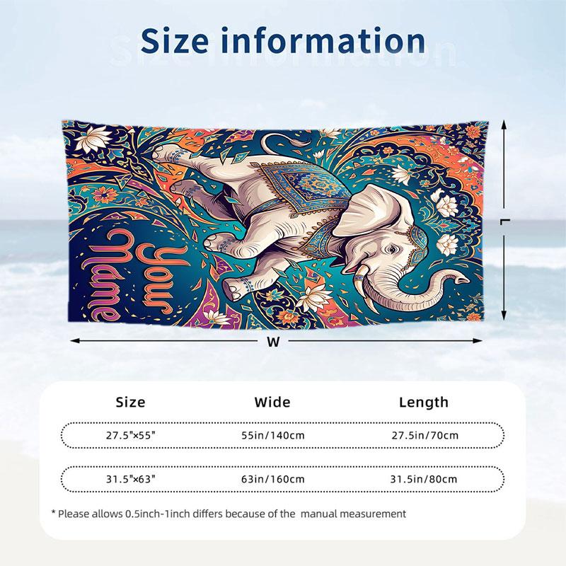 Elephant Theme Beach Towel Personalized Custom Name & Text Soft Quick Dry Beach Towel for Swimming Travel