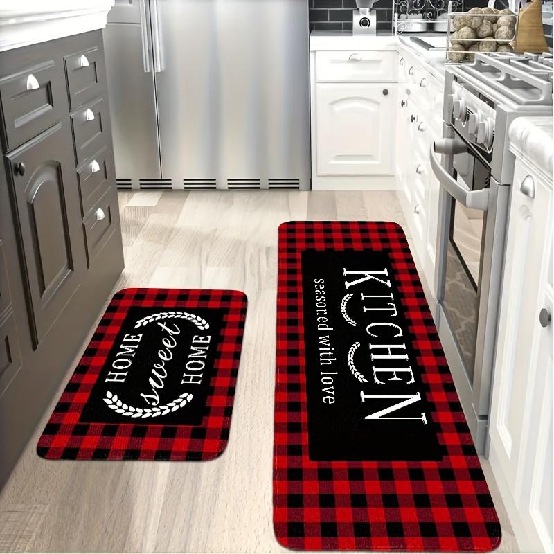 Red Plaid Kitchen Mat, European Style Flannel Non-Slip Soft Rug with Sponge for Kitchen Bathroom Floor Decor