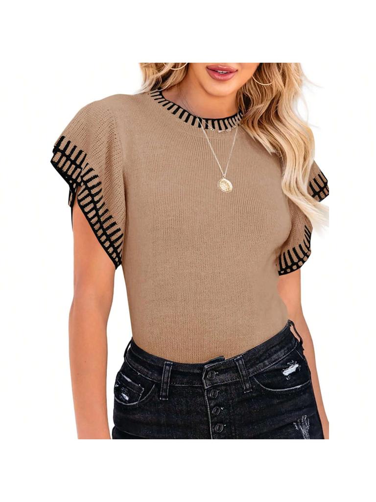 Women's Striped Ruffle Short Sleeve Knit Sweater Crew Neck Loose Summer Top