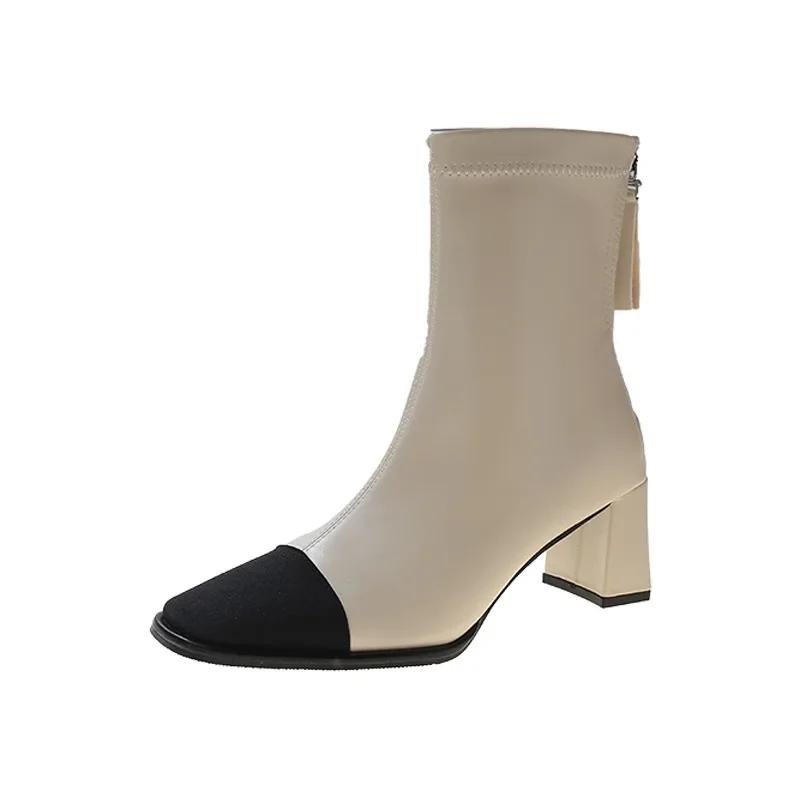 

Женские корейские ботинки, зимние ботильоны в стиле ретро на высоком каблуке с бантом и квадратным носком, модельные туфли на массивном каблуке, эластичные короткие Botas De Mujer 37