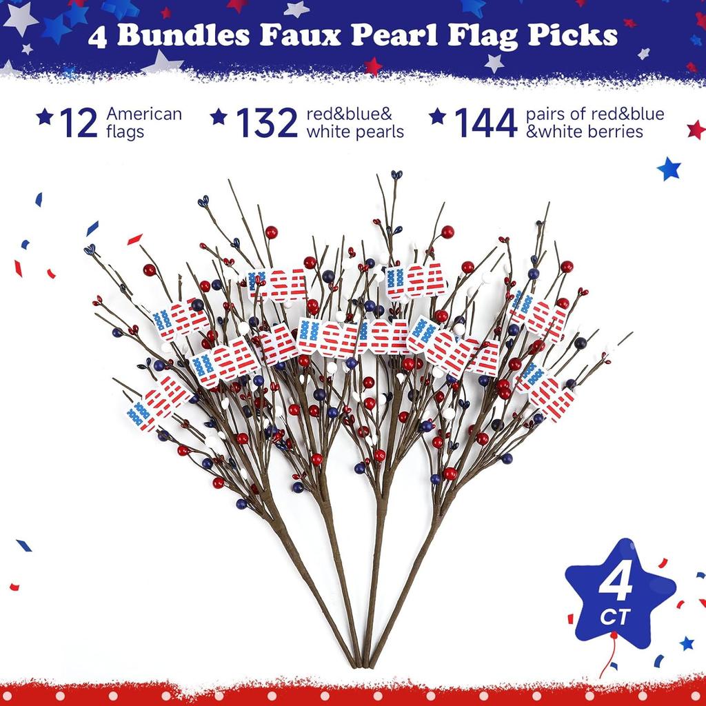 4 Pcs 4th of July Decorations Patriotic Artificial Berry Stem Picks White Blue Red Pearls and American Flags for Independence Day Memorial Day, Home