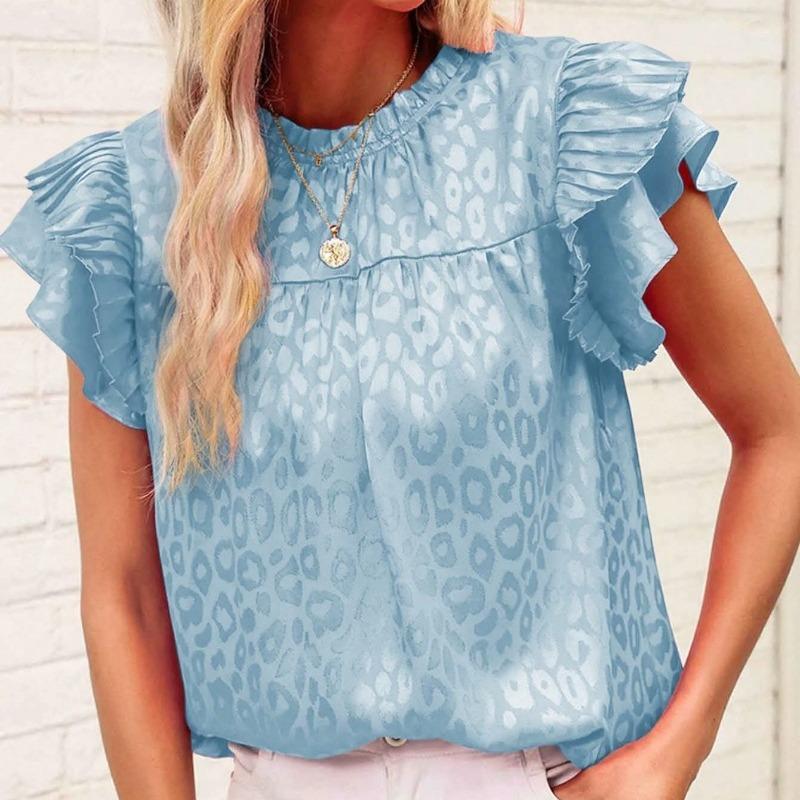 Summer New Fashion Leopard Printed Casual Shirts Women Summer Tops Flying Sleeve Slim Fit Casual Blouse for Women Elegant Solid Pullover Shirt 26626