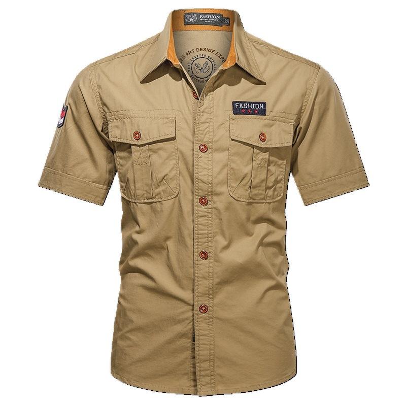 

Summer outdoor tooling short-sleeved shirt men s multi-pocket pure cotton loose large size casual military style shirt M хаки