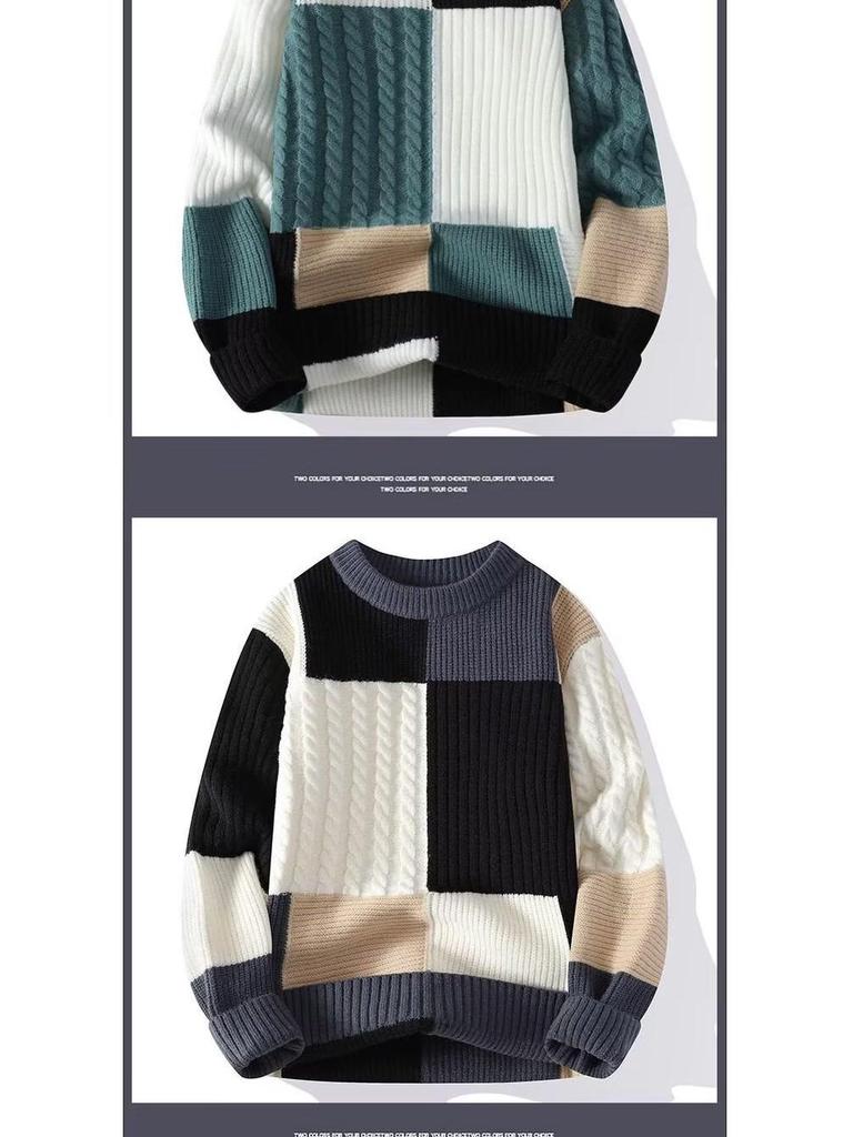 Men's Round Neck Color Block Sweater - Autumn/Winter Knitwear for Students and Teens