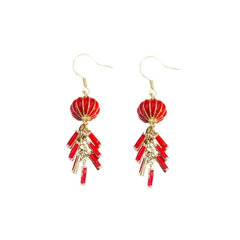 Chinese Style Red Lantern Firecracker Fringed Earrings Atmospheric High-End Long New Year'S Earrings Light Luxury Retro Earrings