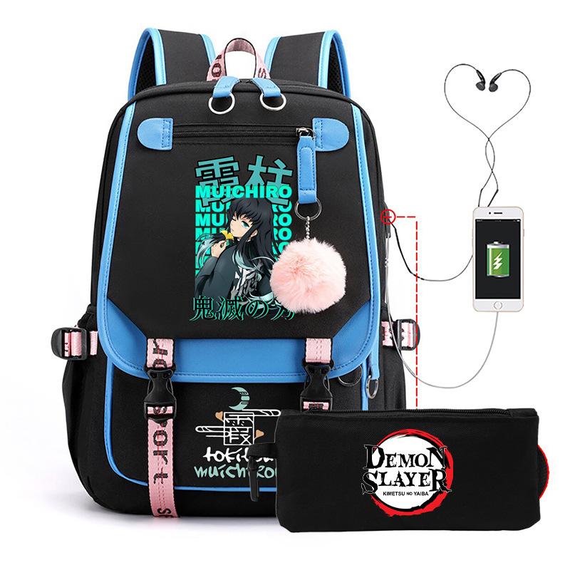 Two-dimensional peripheral day man ghost extinguishing backpack pencil bag large capacity student leisure schoolbag with USB port
