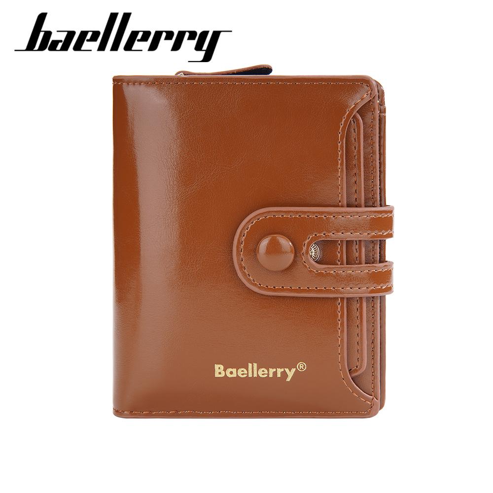 Baellerry Women's Oil Wax Leather Wallet – Short, Multi-Card Slots, Buckle, Zipper Coin Purse